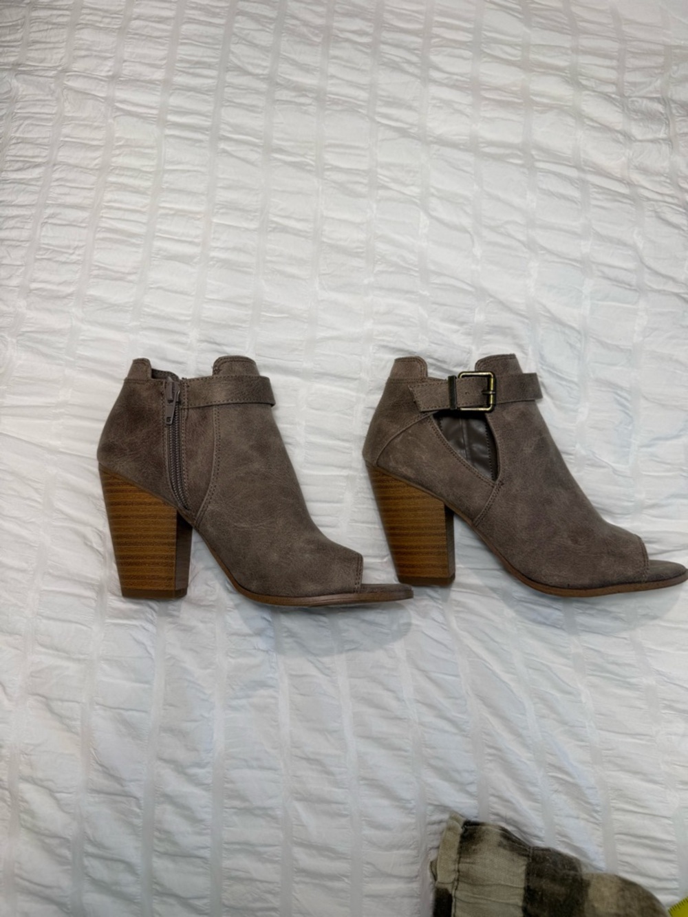 Fergie Taupe Suede Peep-Toe Block Heel Ankle Booties